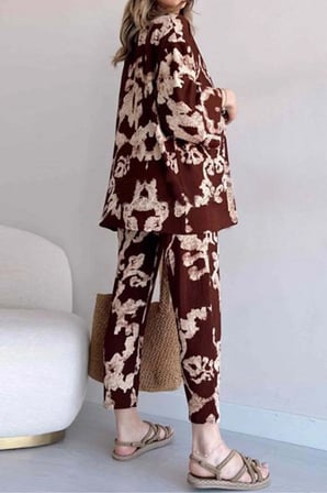 Kadın Kahve Rengi Desenli Kimono alt üst takım