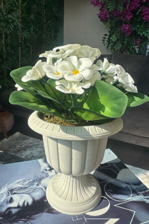 Yapay Çiçek Krem Antik Saksıda Beyaz Kadife Menekşe Gerçekçi Doku 22cm