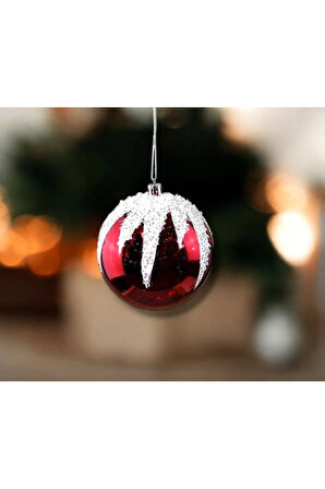 Yılbaşı Süsü Kar Detaylı 2'li Top Kırmızı 10 cm