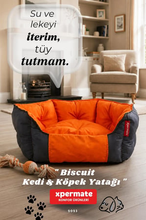 Kedi Yatağı Köpek Yatağı Kedi Ve Köpek Minderi Tüy Tutmayan Su İ̇Tici Kumaş Biscuit 60X55X28 Lacivert Turuncu