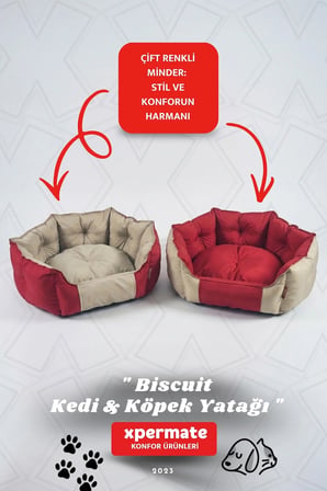 Kedi Yatağı Köpek Yatağı Kedi Ve Köpek Minderi Tüy Tutmayan Su İ̇Tici Kumaş Biscuit 60X55X28 Kırmızı Bej