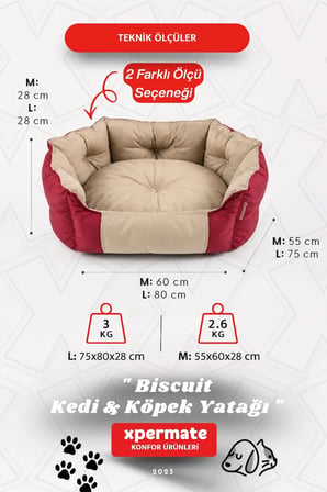 Kedi Yatağı Köpek Yatağı Kedi Ve Köpek Minderi Tüy Tutmayan Su İ̇Tici Kumaş Biscuit 60X55X28 Kırmızı Bej