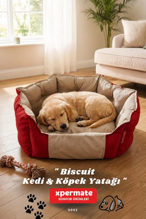 Kedi Yatağı Köpek Yatağı Kedi Ve Köpek Minderi Tüy Tutmayan Su İ̇Tici Kumaş Biscuit 60X55X28 Kırmızı Bej