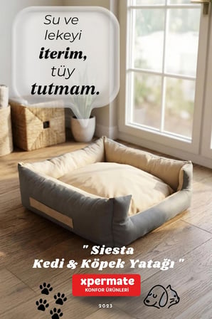 Kedi Yatağı Ve Köpek Yatağı 55X60X23 Fermuarlı Evcil Hayvan Yatağı Yuvi Siesta Antrasit Bej