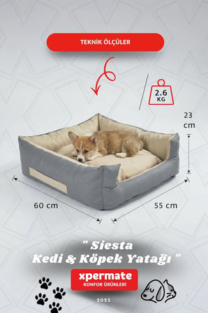 Kedi Yatağı Ve Köpek Yatağı 55X60X23 Fermuarlı Evcil Hayvan Yatağı Yuvi Siesta Antrasit Bej