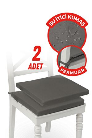 Xpermate Fermuarlı 2'li Sandalye Minderi Su İtici Kumaş 40x40Cm Sünger Sandalye Minderi Bağcıklı Antrasit