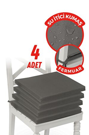 Xpermate Fermuarlı 4'lü Sandalye Minderi Su İtici Kumaş 40x40Cm Sünger Sandalye Minderi Bağcıklı Antrasit