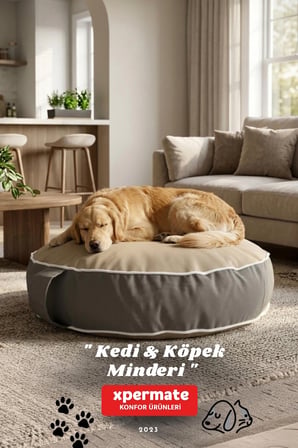 Fermuarlı Kedi ve Köpek Minderi Yuvarlak Kedi Minderi Yıkanabilir Kedi Köpek Yatağı 60x15 cm Bej Gri
