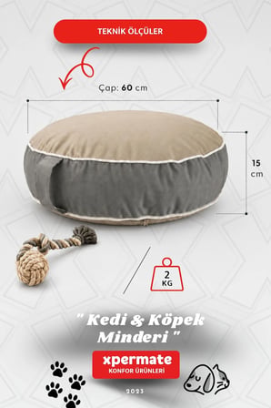 Fermuarlı Kedi ve Köpek Minderi Yuvarlak Kedi Minderi Yıkanabilir Kedi Köpek Yatağı 60x15 cm Bej Gri