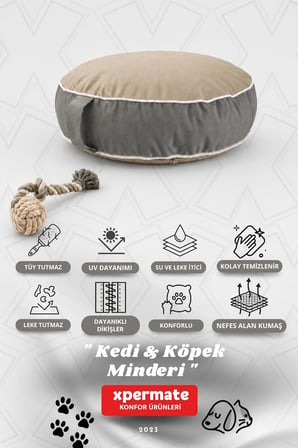 Fermuarlı Kedi ve Köpek Minderi Yuvarlak Kedi Minderi Yıkanabilir Kedi Köpek Yatağı 60x15 cm Bej Gri