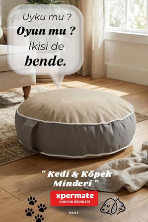 Fermuarlı Kedi ve Köpek Minderi Yuvarlak Kedi Minderi Yıkanabilir Kedi Köpek Yatağı 60x15 cm Bej Gri