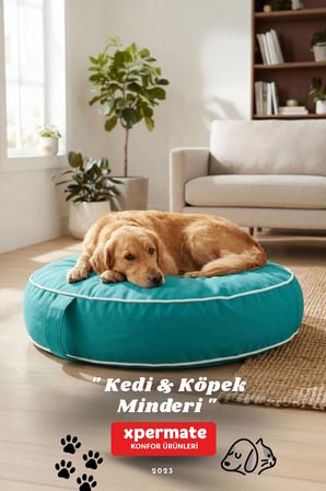 Fermuarlı Kedi ve Köpek Minderi Yuvarlak Kedi Minderi Yıkanabilir Kedi Köpek Yatağı 60x15 cm Turkuaz