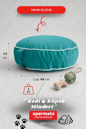 Fermuarlı Kedi ve Köpek Minderi Yuvarlak Kedi Minderi Yıkanabilir Kedi Köpek Yatağı 60x15 cm Turkuaz