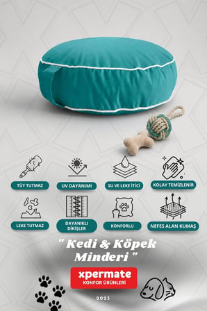 Fermuarlı Kedi ve Köpek Minderi Yuvarlak Kedi Minderi Yıkanabilir Kedi Köpek Yatağı 60x15 cm Turkuaz