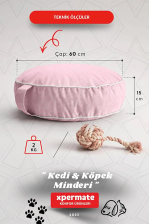 Fermuarlı Kedi ve Köpek Minderi Yuvarlak Kedi Minderi Yıkanabilir Kedi Köpek Yatağı 60x15 cm Pembe