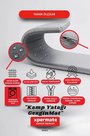 XPERMATE GezginMat Kamp Yatağı Taşıma Çantalı Kamp Matı Fermuarlı Kamp Minderi Çadır Matı Su itici Kumaş 70x180x6cm