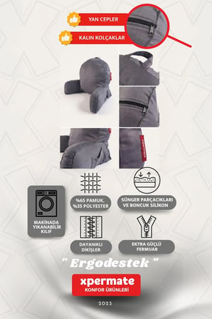 Kolçaklı Okuma Yastığı Sırt Minderi TV İzleme Yastığı Bel Destek Ergonomik Fermuarlı Yastık Antrasit