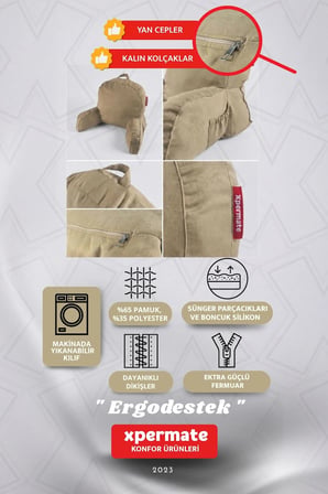 Kolçaklı Okuma Yastığı Sırt Minderi TV İzleme Yastığı Bel Destek Ergonomik Fermuarlı Yastık Bej