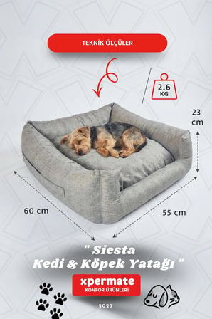 Kedi Yatağı Ve Köpek Yatağı 55X60X23 Fermuarlı Evcil Hayvan Yatağı Yuvi Siesta 55X60X23 Gri 