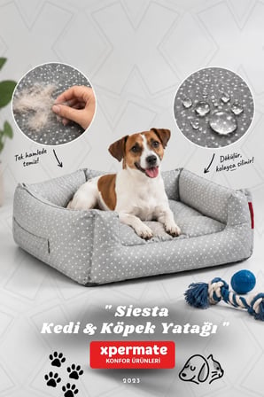 Kedi Yatağı Ve Köpek Yatağı 55X60X23 Fermuarlı Evcil Hayvan Yatağı Yuvi Siesta 55X60X23 Gri Puantiyeli