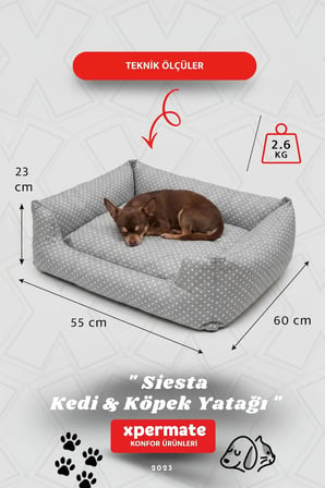 Kedi Yatağı Ve Köpek Yatağı 55X60X23 Fermuarlı Evcil Hayvan Yatağı Yuvi Siesta 55X60X23 Gri Puantiyeli