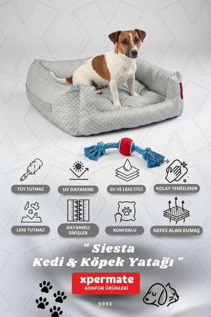 Kedi Yatağı Ve Köpek Yatağı 55X60X23 Fermuarlı Evcil Hayvan Yatağı Yuvi Siesta 55X60X23 Gri Puantiyeli