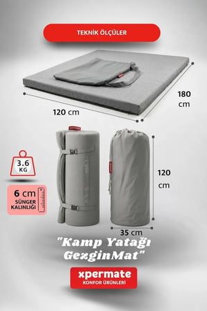 XPERMATE GezginMat Kamp Yatağı Çift kişilik Taşıma Çantalı Kamp Minderi Çadır Matı Su itici Kumaş 120x180x6cm
