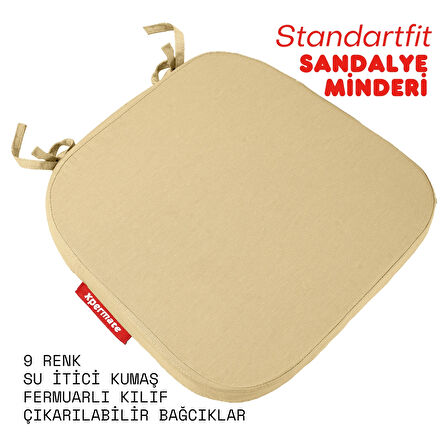 XPERMATE StandartFit Oval Sandalye Minderi Fermuarlı Yıkanabilir Kılıf Bağcıklı Su ve Yağ İtici 42x42x5 Bej