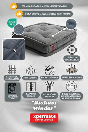 XPERMATE Bisküvi Minder Petek Önü Palet Üstü Minderi Fransız Minder Bank ve Bahçe Minderi 55x55x14 cm Antrasit