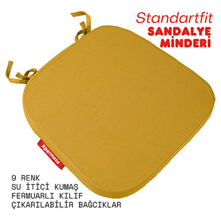 XPERMATE StandartFit Oval Sandalye Minderi Fermuarlı Yıkanabilir Kılıf Bağcıklı Su ve Yağ İtici 42x42x5 Hardal