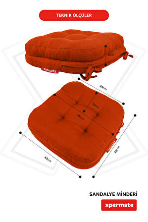 XPERMATE Çift Kat Sandalye Minderi Fermuarlı Yıkanabilir Kılıf Bağcıklı Su ve Yağ İtici 42x42x8 Kiremit