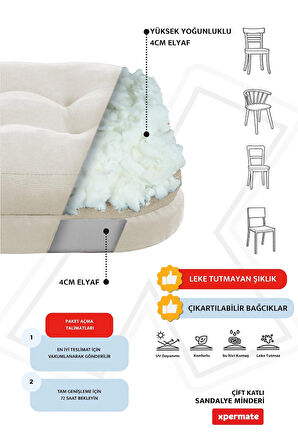 XPERMATE Çift Kat Sandalye Minderi Fermuarlı Yıkanabilir Kılıf Bağcıklı Su ve Yağ İtici 42x42x8 Bej