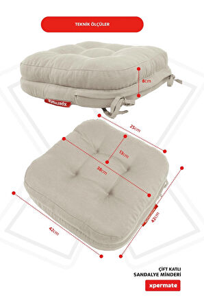 XPERMATE Çift Kat Sandalye Minderi Fermuarlı Yıkanabilir Kılıf Bağcıklı Su ve Yağ İtici 42x42x8 Bej