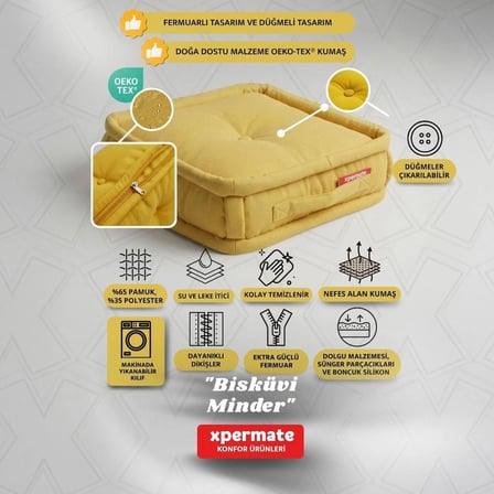 XPERMATE Bisküvi Minder Petek Önü Palet Üstü Minderi Fransız Minder Bank ve Bahçe Minderi 45x45x14 cm Hardal