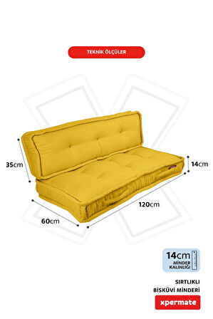 XPERMATE Bisküvi Minder Petek Önü Palet Üstü Minderi Fransız Minder Bank ve Bahçe Minderi 60X120x14 cm Sarı