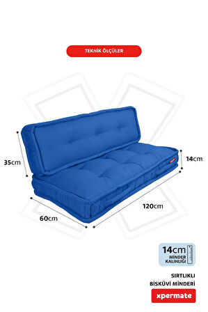 XPERMATE Bisküvi Minder Petek Önü Palet Üstü Minderi Fransız Minder Bank ve Bahçe Minderi 60X120x14 cm Mavi