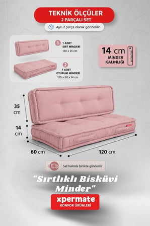 Bisküvi Yer Minderi 60x120 Kalın Palet Balkon Petek Önü Fermuarlı Minder Pembe