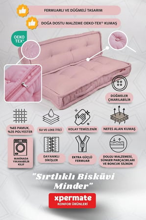 Bisküvi Yer Minderi 60x120 Kalın Palet Balkon Petek Önü Fermuarlı Minder Pembe