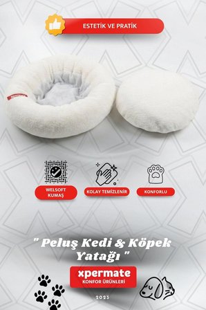 XPERMATE Peluş Yumuşak Kedi Yatağı Köpek Yatağı Minder Beyaz 