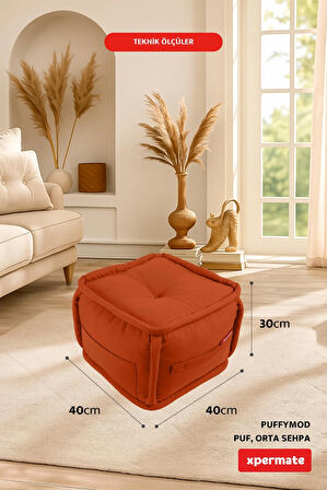 Puffymod Dekoratif Kare Puf Orta Sehpa Ayak Uzatma Puf 40x40 Cm Kiremit