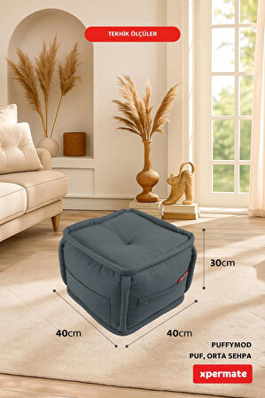 Puffymod Dekoratif Kare Puf Orta Sehpa Ayak Uzatma Puf 40x40 Cm Antrasit