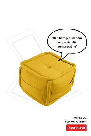 Puffymod Dekoratif Kare Puf Orta Sehpa Ayak Uzatma Puf 40x40 Cm Sarı