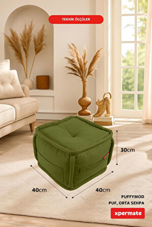 Puffymod Dekoratif Kare Puf Orta Sehpa Ayak Uzatma Puf 40x40 Cm Yeşil