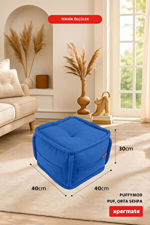 Puffymod Dekoratif Kare Puf Orta Sehpa Ayak Uzatma Puf 40x40 Cm Mavi 