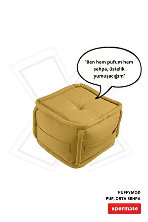 Puffymod Dekoratif Kare Puf Orta Sehpa Ayak Uzatma Puf 40x40 Cm Hardal 