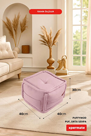 Dekoratif Kare Puf Orta Sehpa Ayak Uzatma Puf 40x40 Cm Pembe