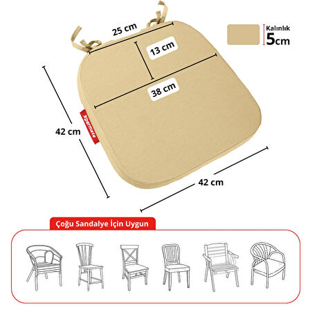XPERMATE 2'li StandartFit Oval Sandalye Minderi Fermuarlı Yıkanabilir Kılıf Bağcıklı Su ve Yağ İtici 42x42x5 Bej