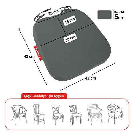 XPERMATE 2'li StandartFit Oval Sandalye Minderi Fermuarlı Yıkanabilir Kılıf Bağcıklı Su ve Yağ İtici 42x42x5 Antrasit