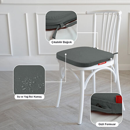XPERMATE 2'li StandartFit Oval Sandalye Minderi Fermuarlı Yıkanabilir Kılıf Bağcıklı Su ve Yağ İtici 42x42x5 Antrasit