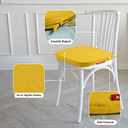 XPERMATE 2'li StandartFit Oval Sandalye Minderi Fermuarlı Yıkanabilir Kılıf Bağcıklı Su ve Yağ İtici 42x42x5 Sarı
